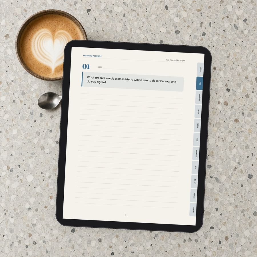 100 Journal Prompts shown on a tablet