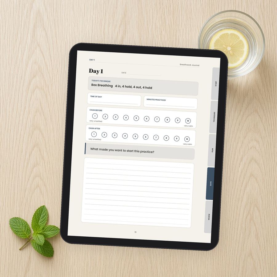 30 Day Breathwork Journal shown on a tablet