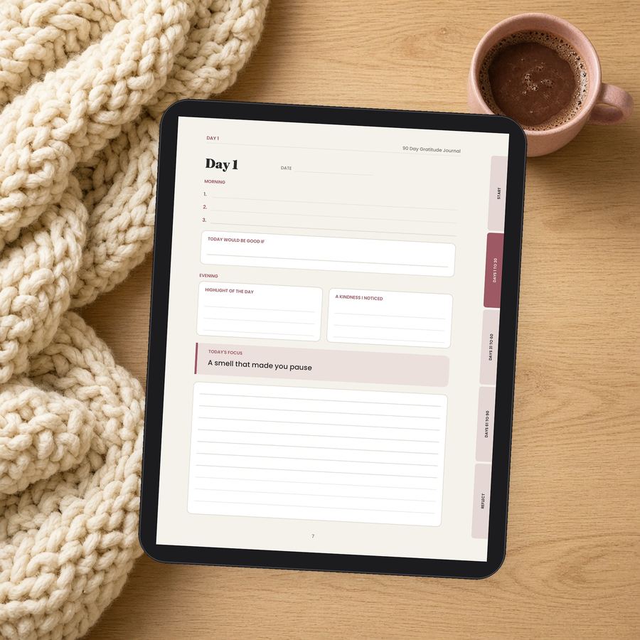 90 Day Gratitude Journal shown on a tablet